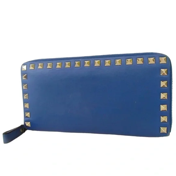 Valentino Blue Leather Rockstud Zip Around Wallet